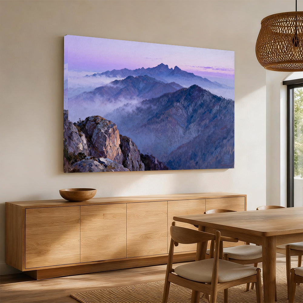 Purple Mountain Haze canvas wall art, angled mockup above a sideboard.