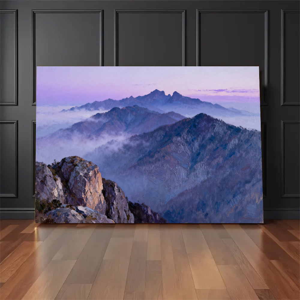 Purple Mountain Haze canvas wall art, floor display against a dark wall.