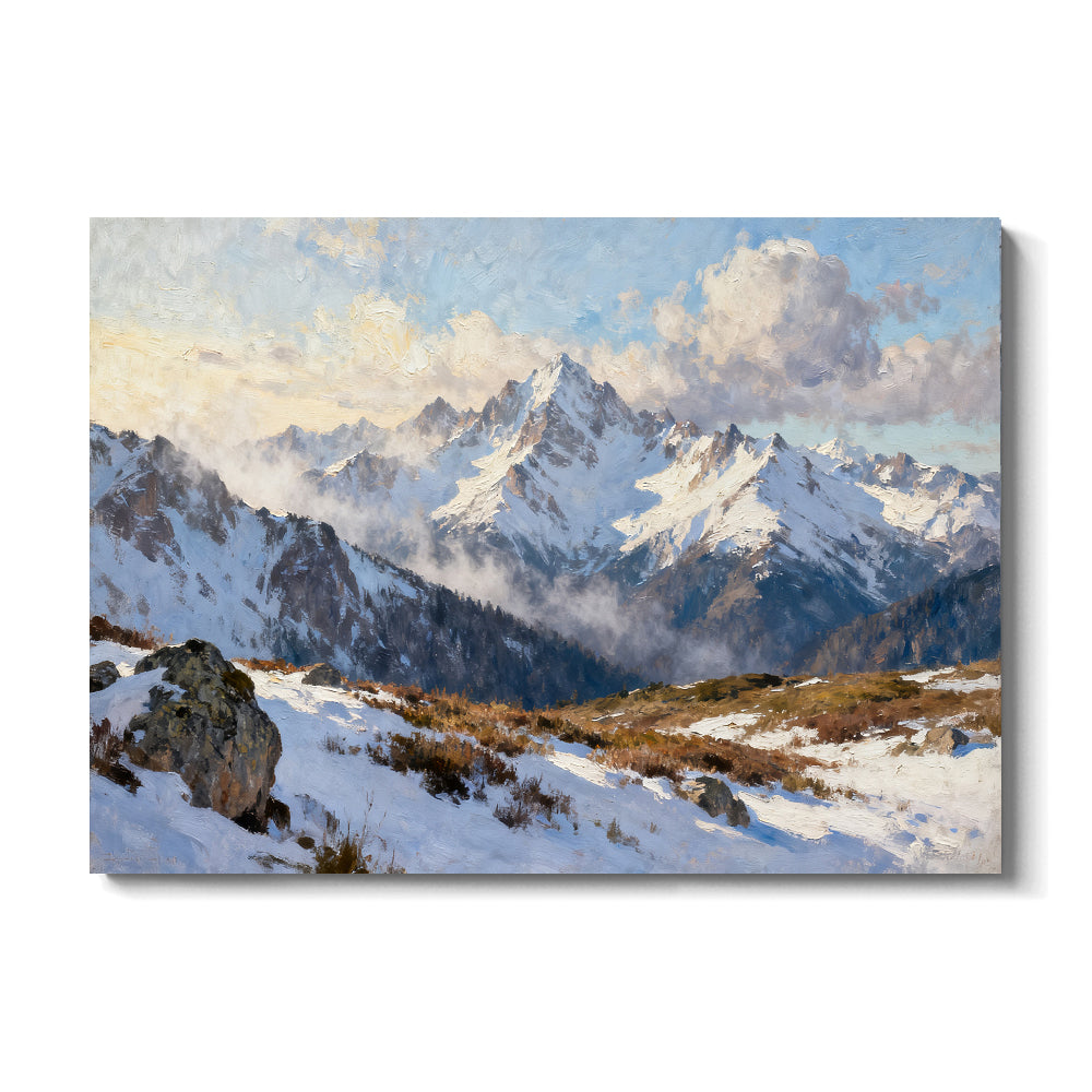 Snowy Alpine Outlook canvas wall art, front view on a white background.