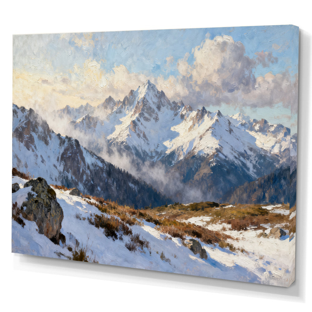 Snowy Alpine Outlook canvas wall art, angled canvas mockup on a white background.