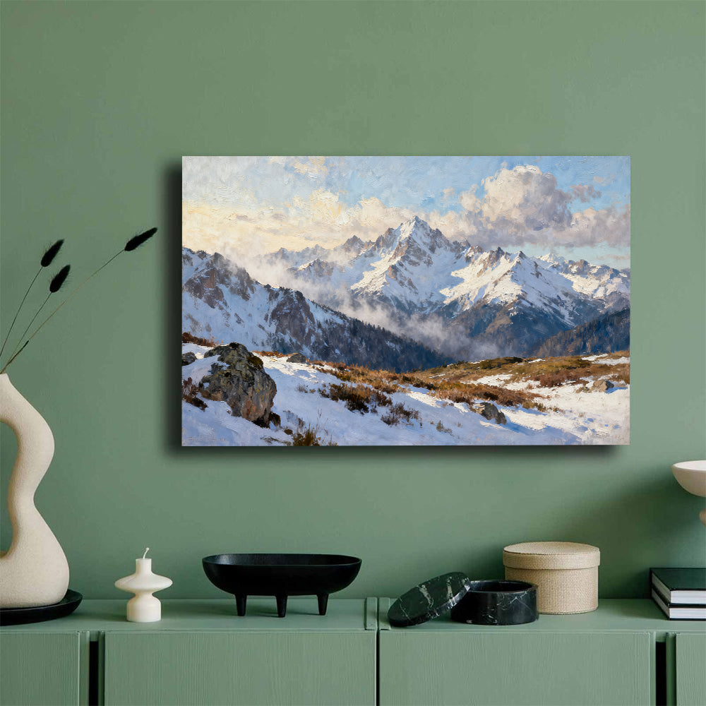 Snowy Alpine Outlook canvas wall art, mockup on a green wall.
