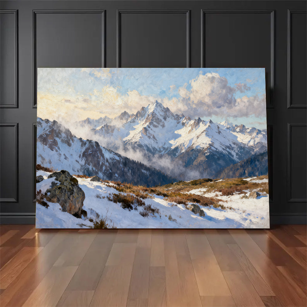 Snowy Alpine Outlook canvas wall art, floor display against a dark wall.