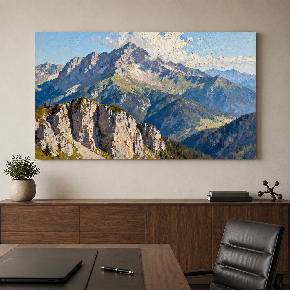 Granite Crown Panorama canvas wall art, office mockup above a desk.