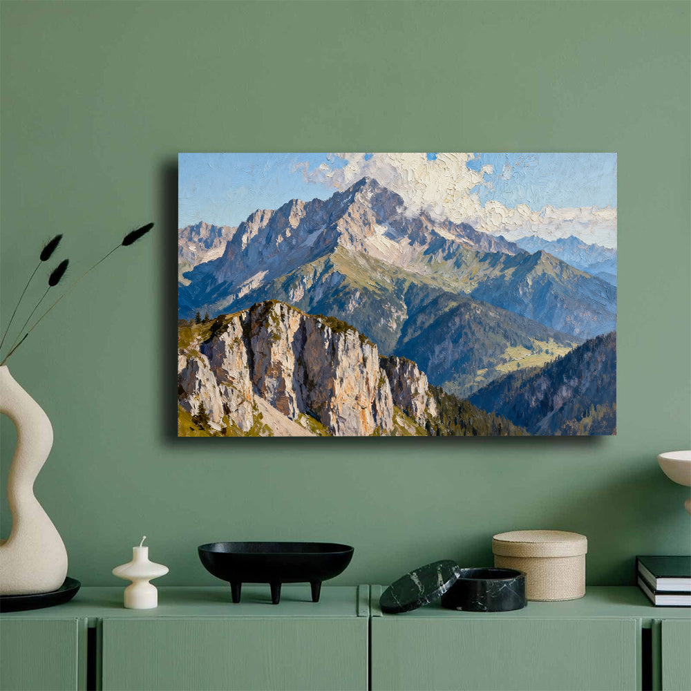 Granite Crown Panorama canvas wall art, mockup on a green wall.