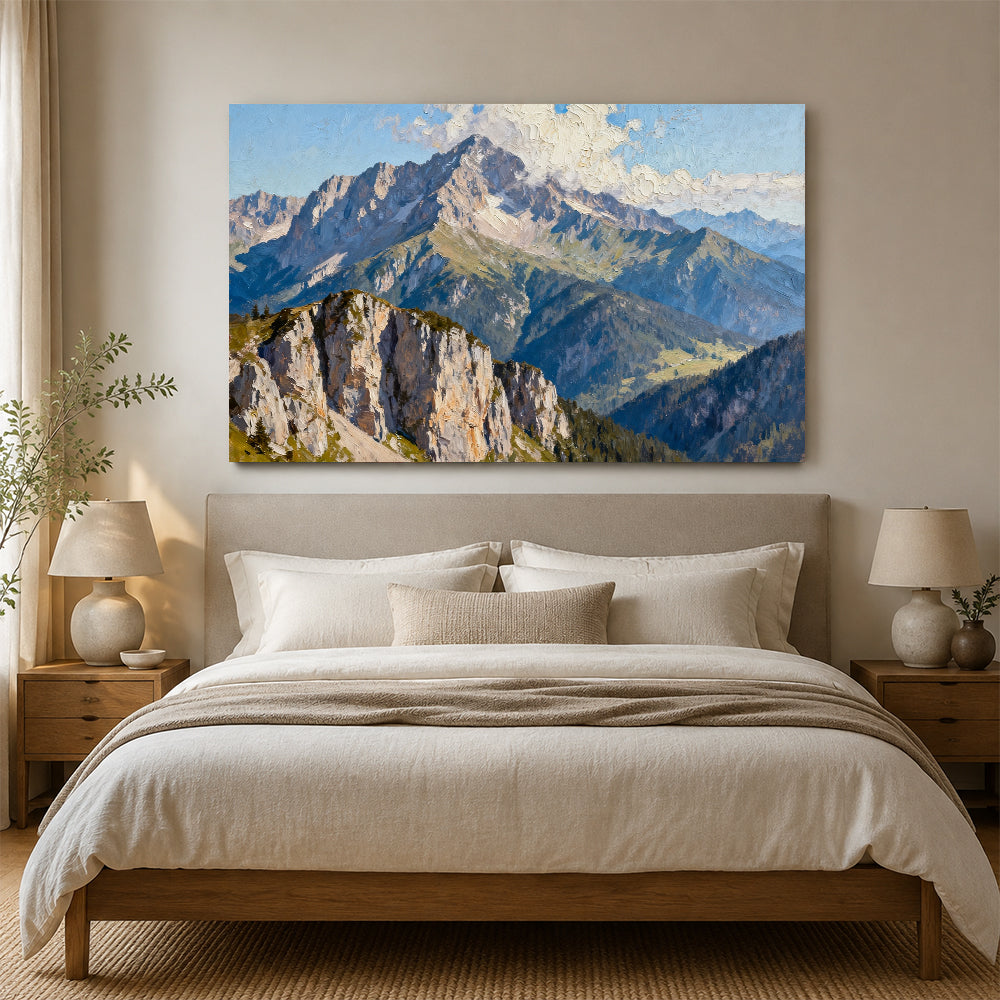 Granite Crown Panorama canvas wall art, bedroom mockup above a bed.