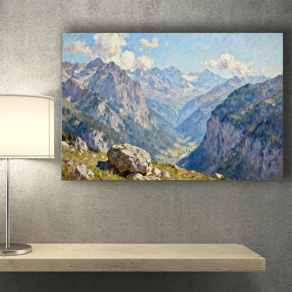 Blue Mountain Valley canvas wall art, wall mockup above a console.