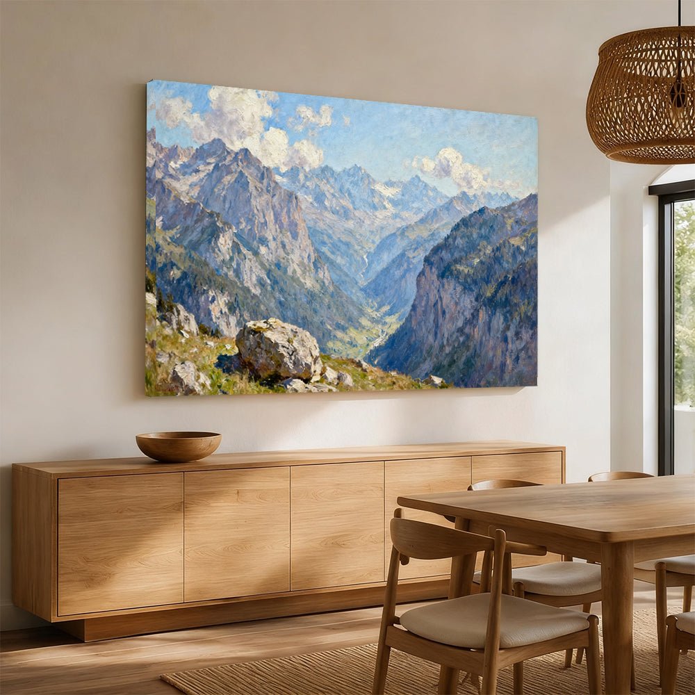 Blue Mountain Valley canvas wall art, angled mockup above a sideboard.