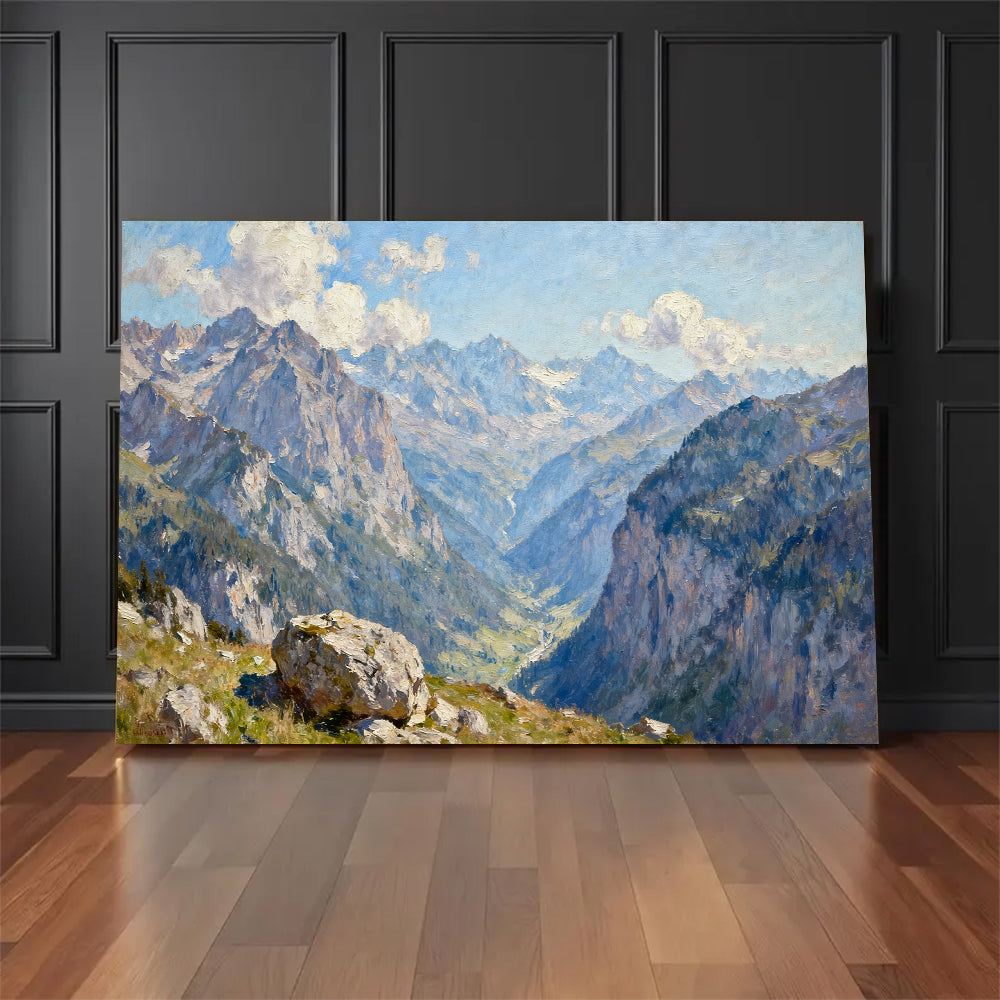 Blue Mountain Valley canvas wall art, floor display against a dark wall.