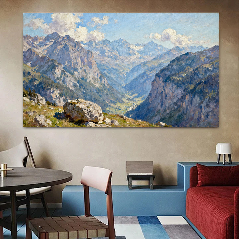 Blue Mountain Valley canvas wall art, colorful room mockup.
