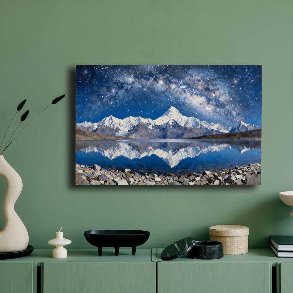 Silver Peaks under Stars canvas wall art, green wall mockup.