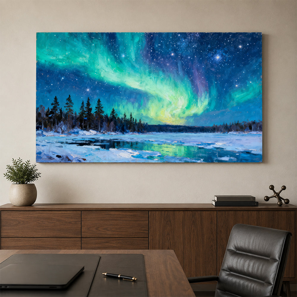 Emerald Aurora Forest canvas wall art, office mockup.