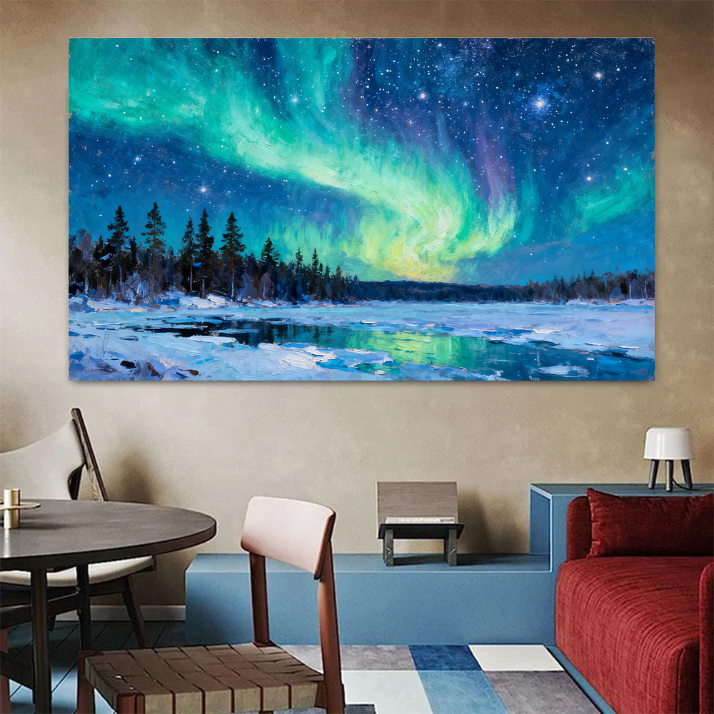 Emerald Aurora Forest canvas wall art, living dining room mockup.