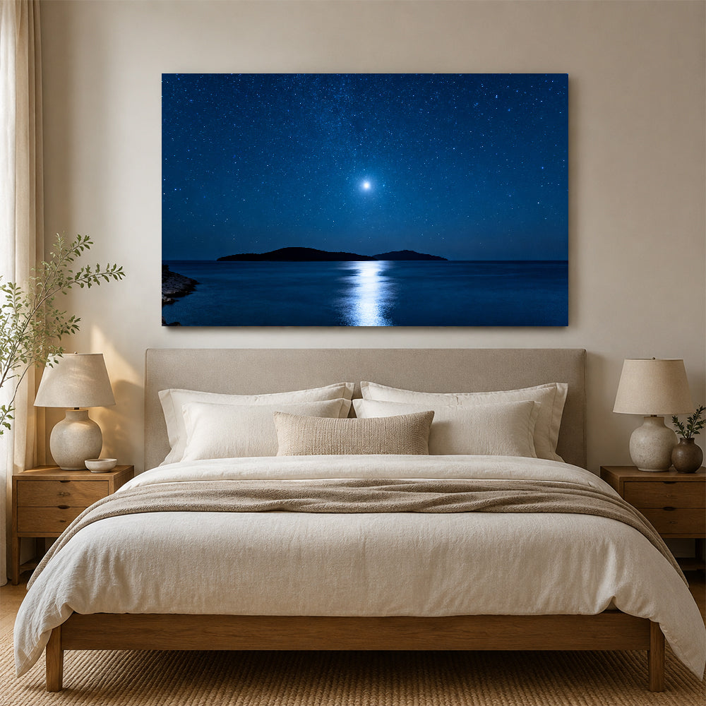 Moonlit Island Silence canvas wall art, bedroom mockup.