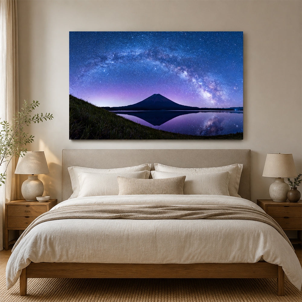 Starlit Volcano Reflection canvas wall art, bedroom mockup.