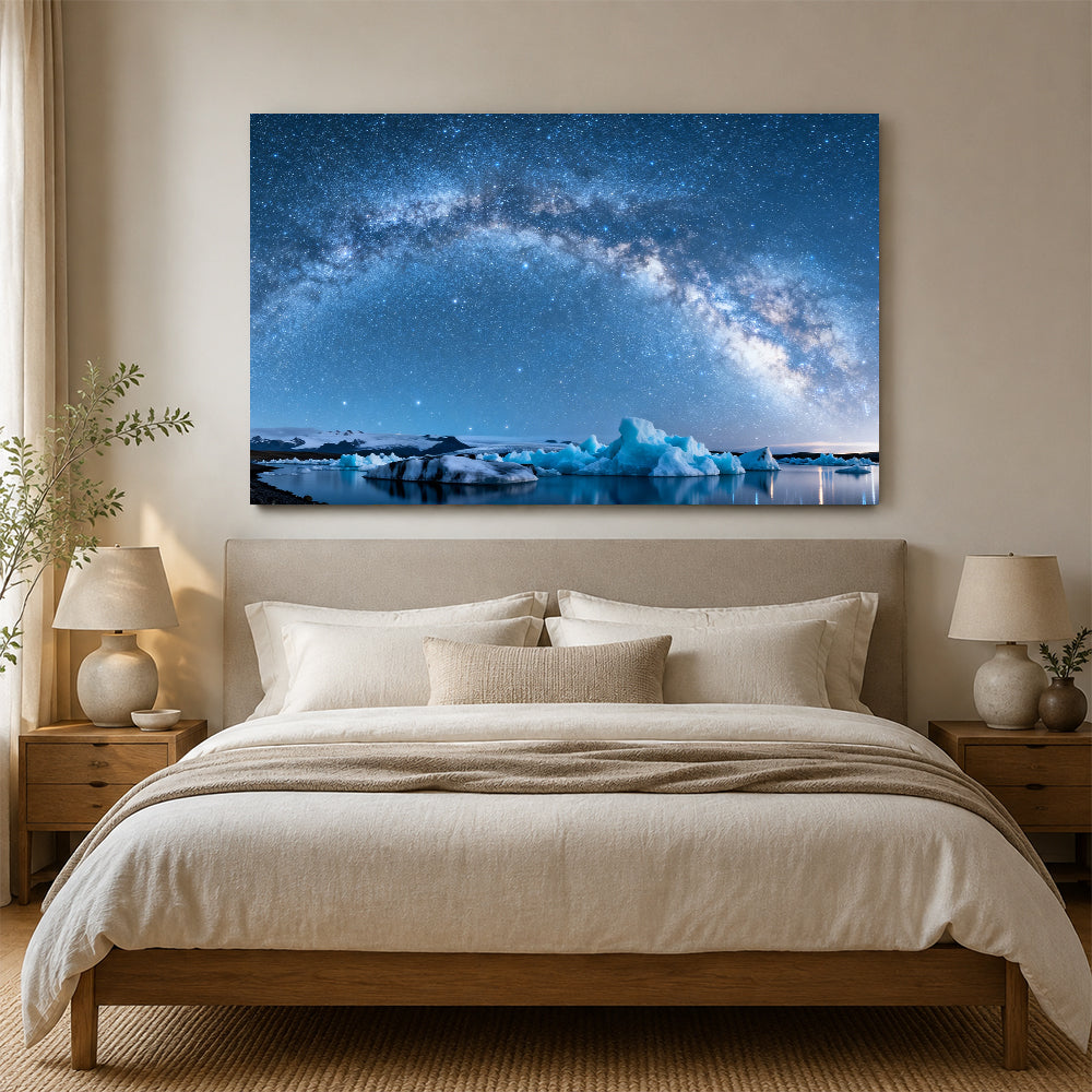 Galaxy above Blue Ice canvas wall art, bedroom mockup.