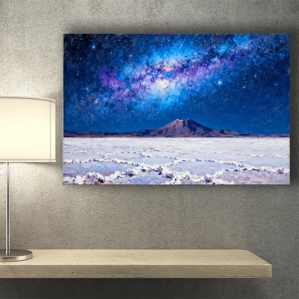 Electric Blue Desert Galaxy canvas wall art, desk mockup.