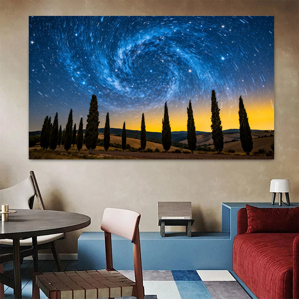 Cypress beneath Swirling Stars canvas wall art, living dining room mockup.
