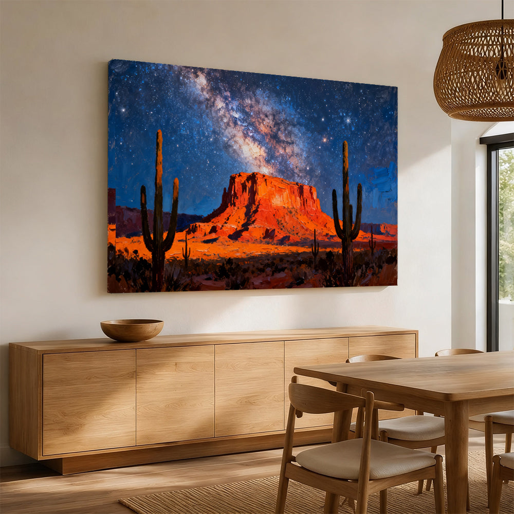 Cactus beneath the Galaxy canvas wall art, dining room mockup.