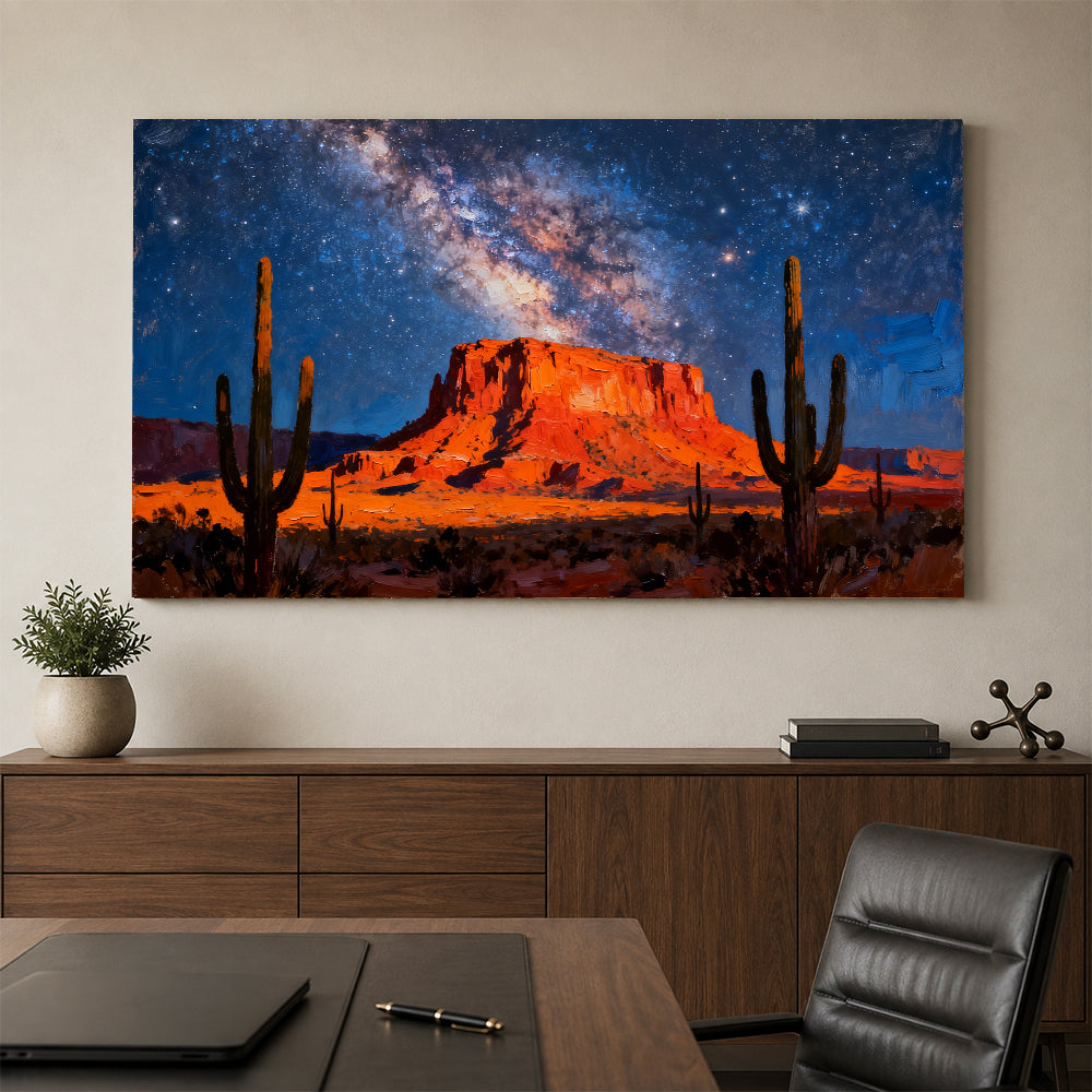 Cactus beneath the Galaxy canvas wall art, office mockup.