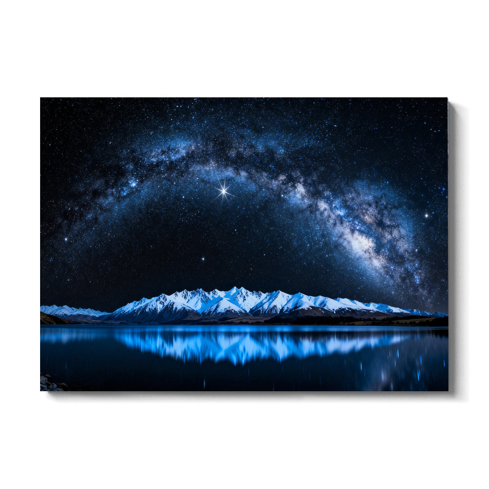 Blue Starlight on Snow canvas wall art, front view on a white background.