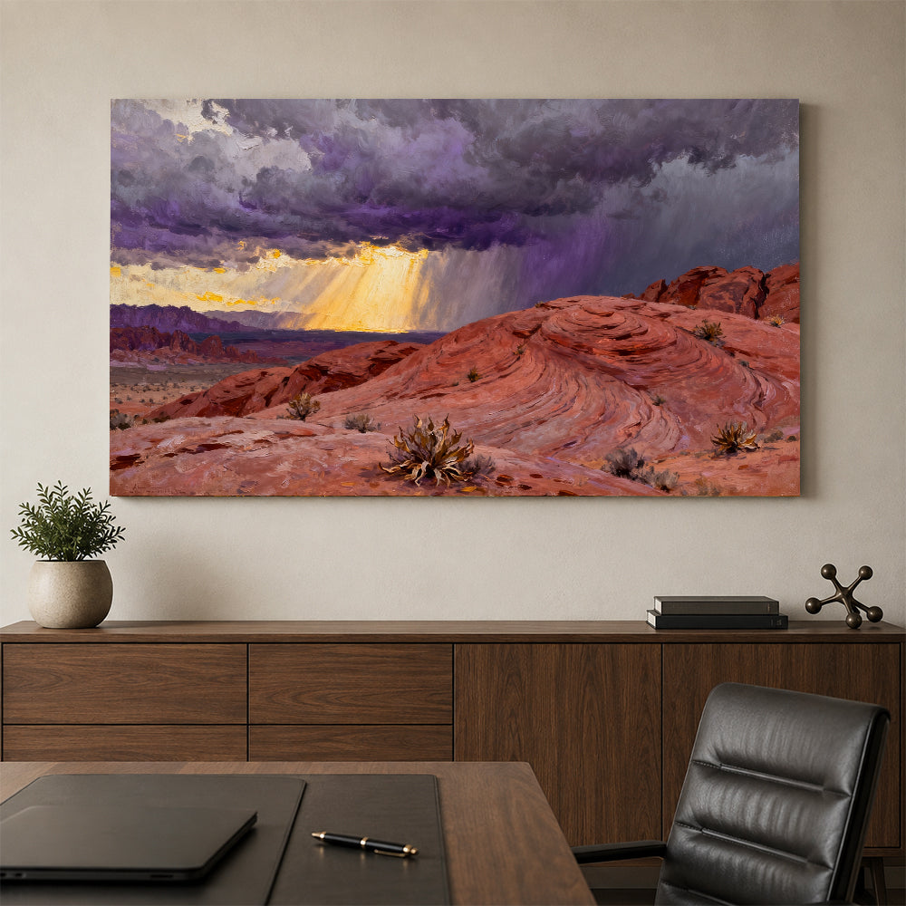 Stormlight on Red Sandstone canvas wall art, office mockup.