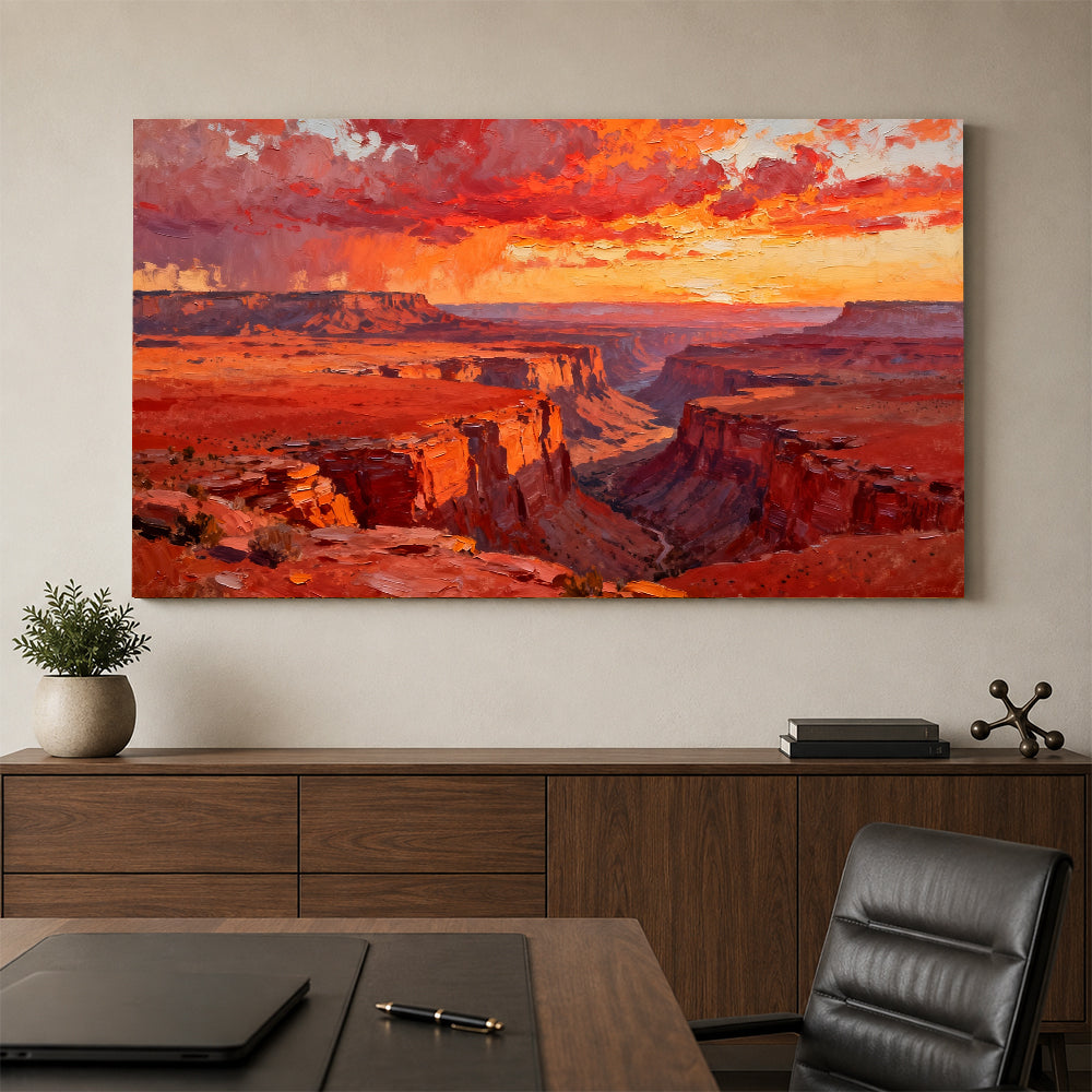 Crimson Canyon Sunset canvas wall art, office mockup.
