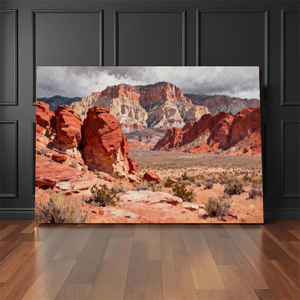 Red Rock Desert Vista canvas wall art, floor display mockup.