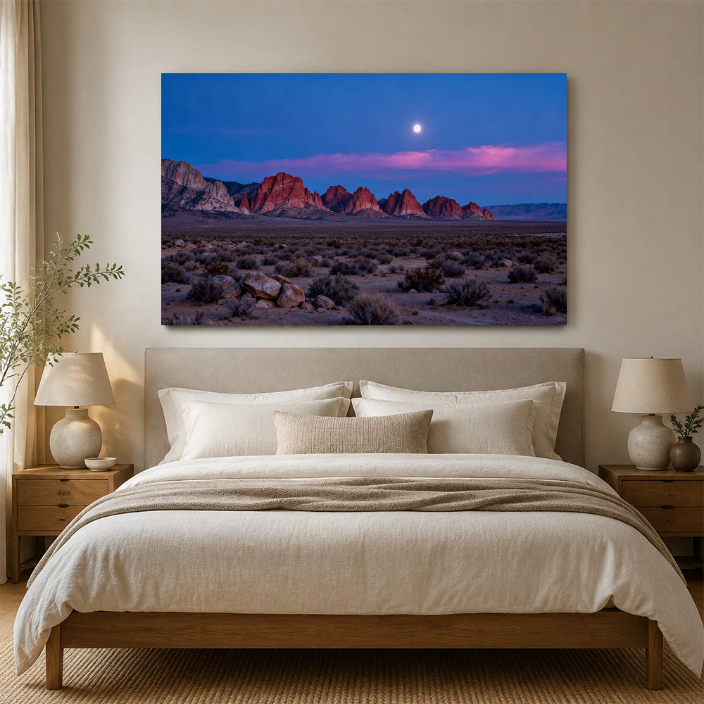 Desert Moon at Dusk canvas wall art, bedroom mockup.
