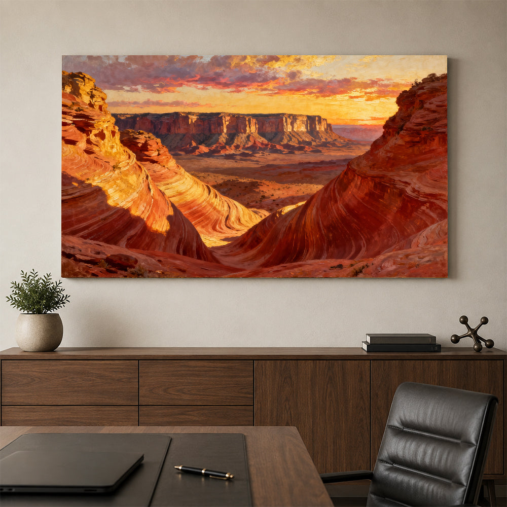 Amber Canyon Depths canvas wall art, office mockup.