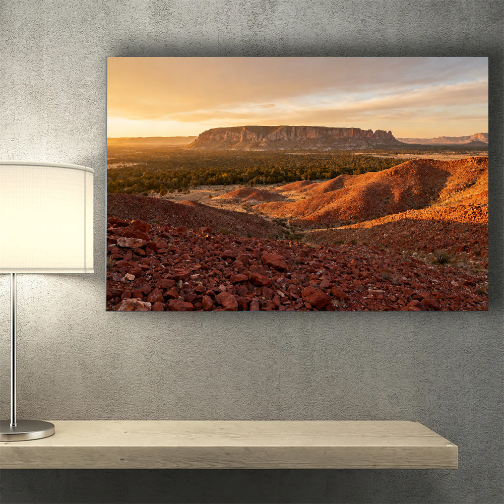 Golden Desert Ravine canvas wall art, desk mockup.