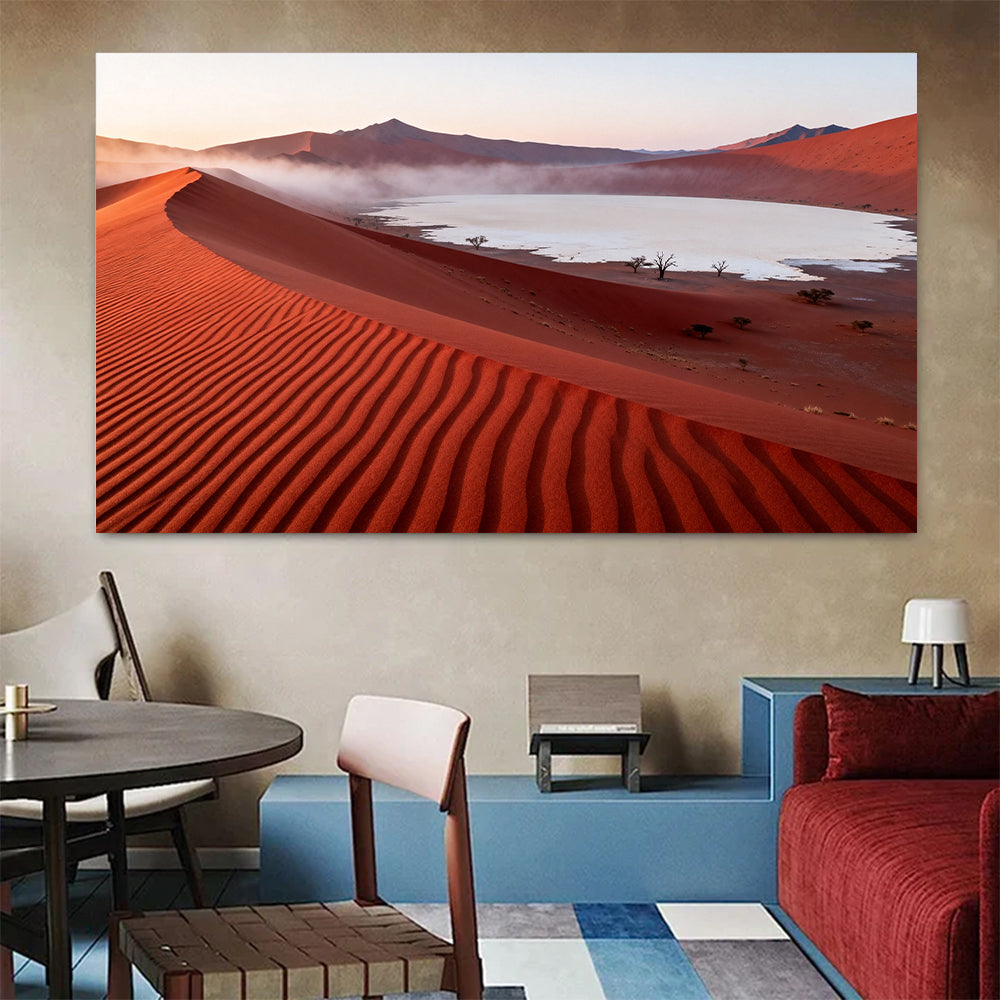 Red Dunes and White Salt canvas wall art, living dining room mockup.