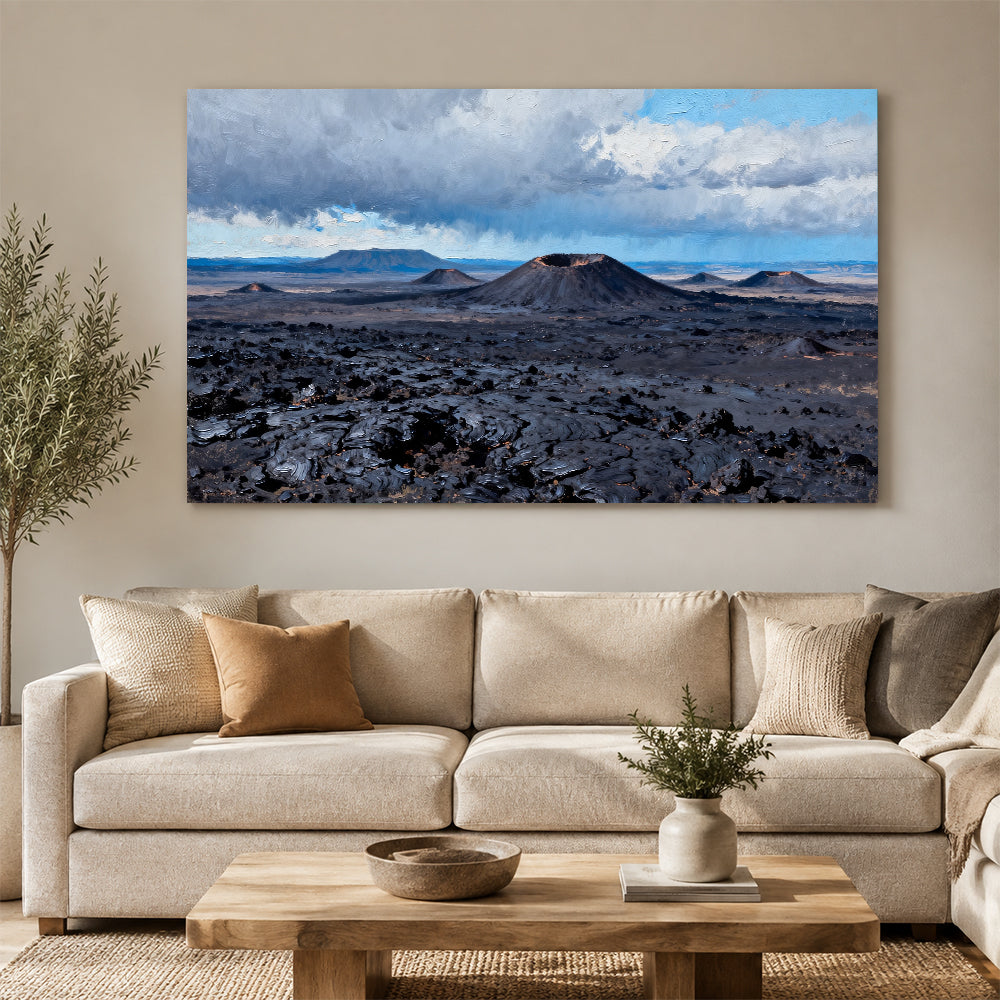 Lava Plain beneath Clouds canvas wall art, living room mockup.