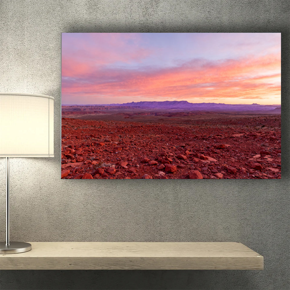 Rose Light over Desert Plains canvas wall art, desk mockup.