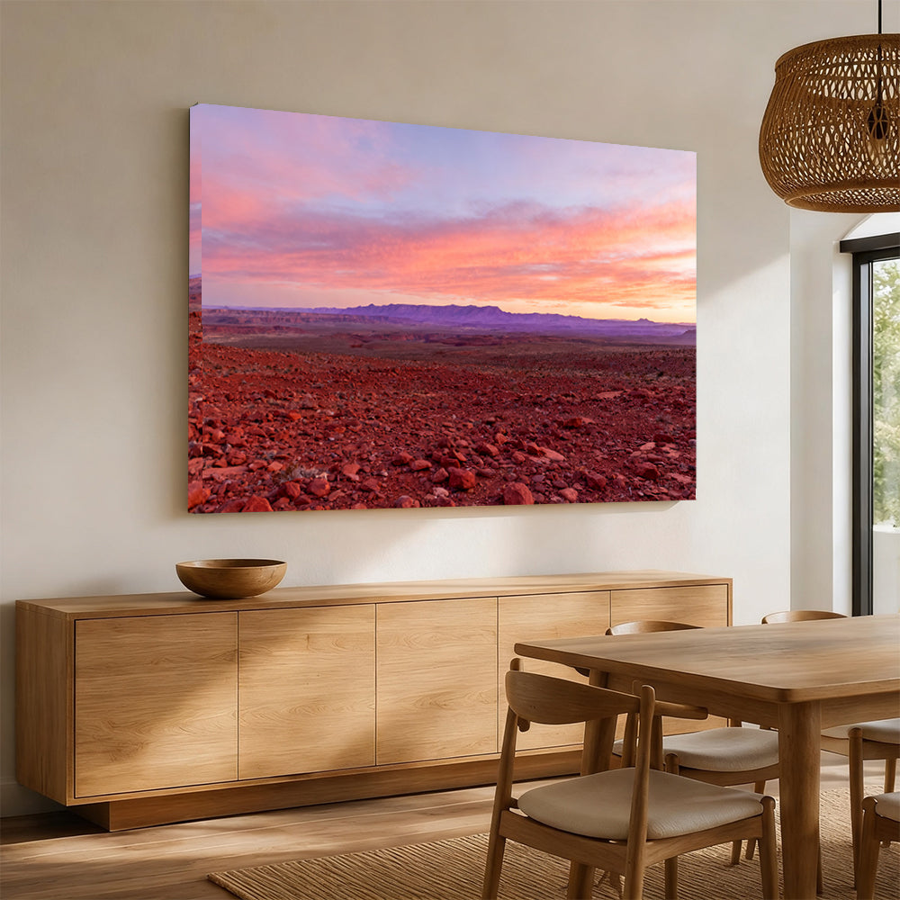 Rose Light over Desert Plains canvas wall art, dining room mockup.