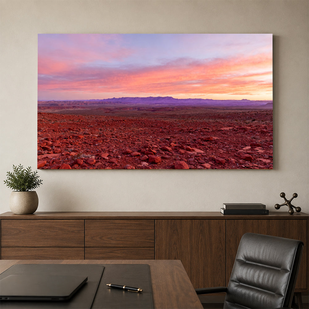 Rose Light over Desert Plains canvas wall art, office mockup.