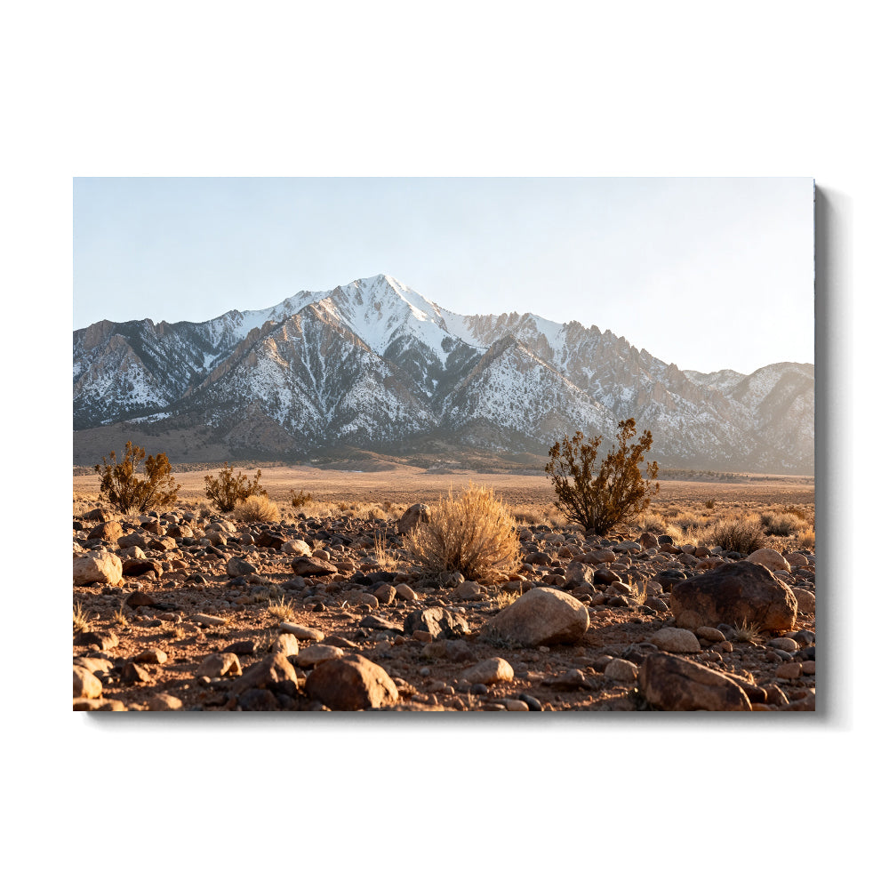 Snowy Ridge beyond the Desert canvas wall art, front view on a white background.