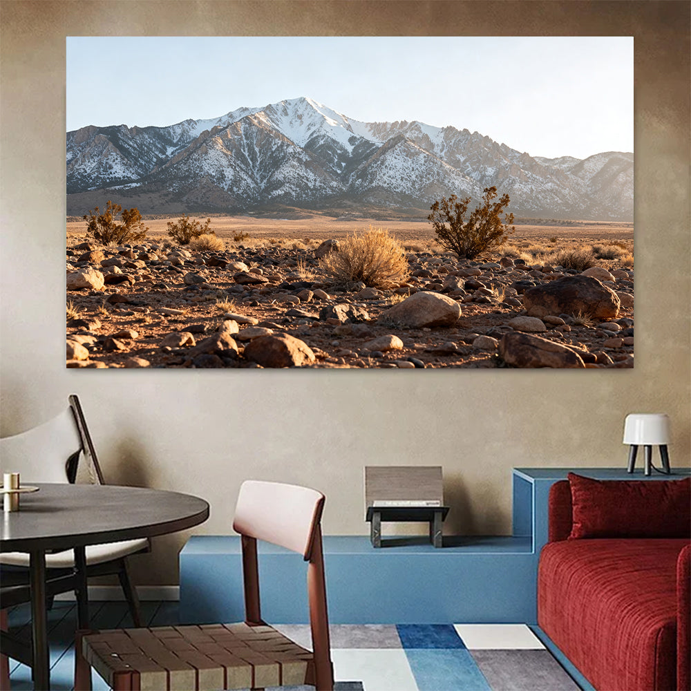 Snowy Ridge beyond the Desert canvas wall art, living dining room mockup.