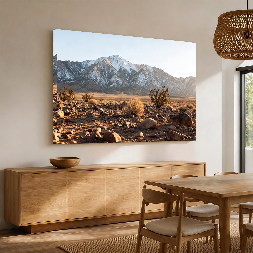 Snowy Ridge beyond the Desert canvas wall art, dining room mockup.