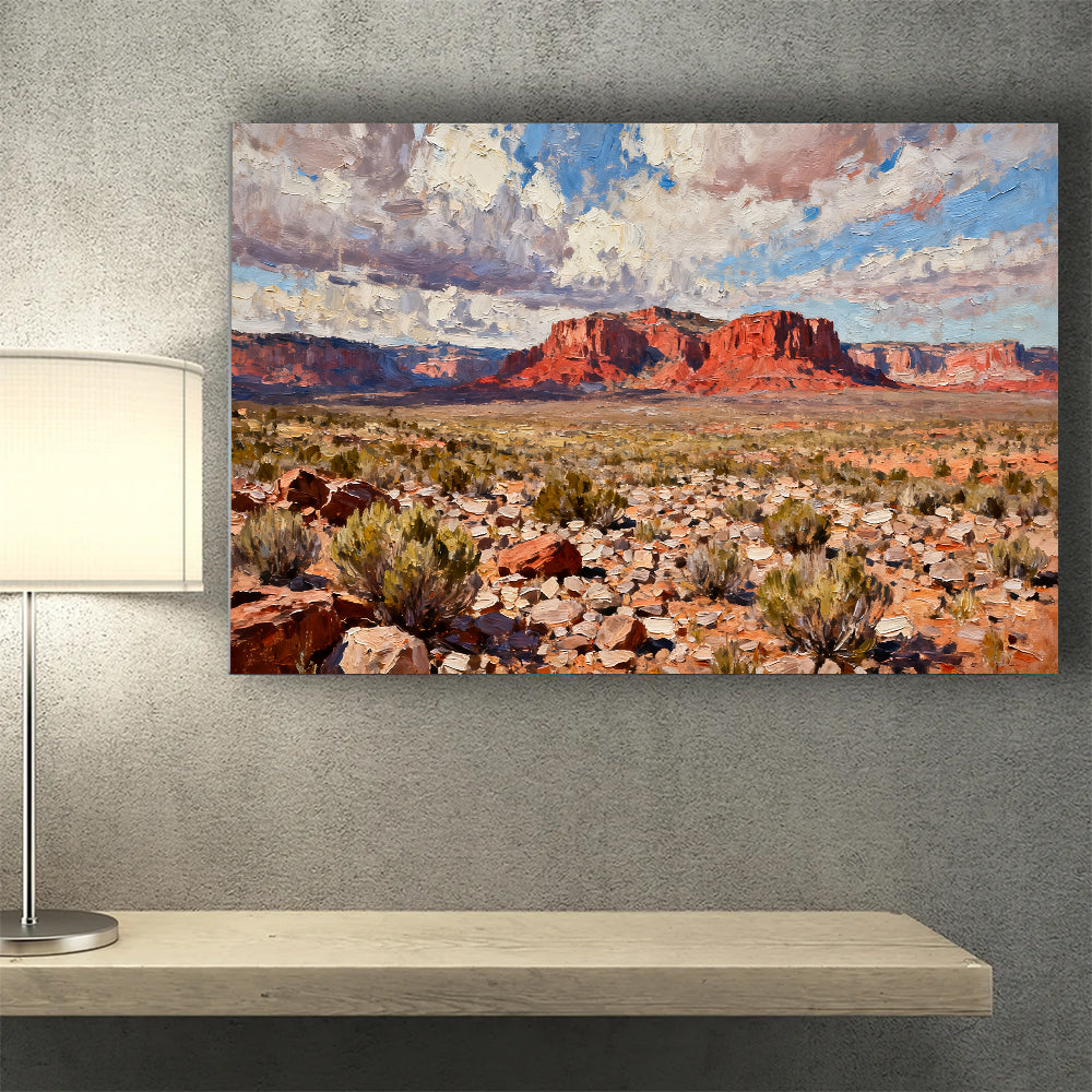Cloudscape over Red Mesas canvas wall art, desk mockup.