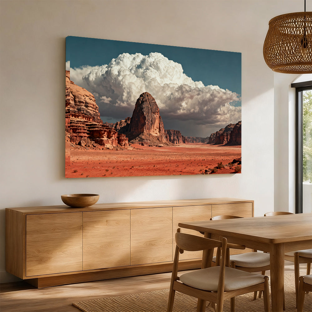 Towering Clouds over Sandstone canvas wall art, dining room mockup.