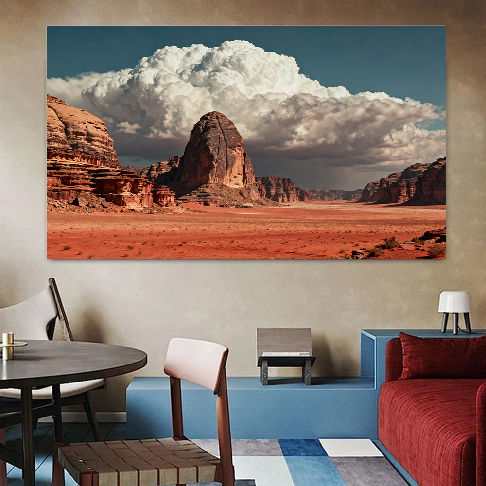 Towering Clouds over Sandstone canvas wall art, living dining room mockup.