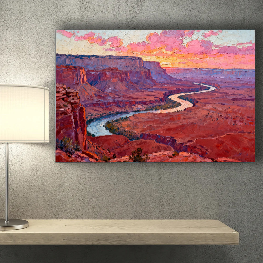 Winding River through Red Canyons canvas wall art, desk mockup.