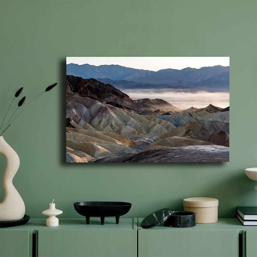 Misty Layers of the Badlands canvas wall art, green wall mockup.