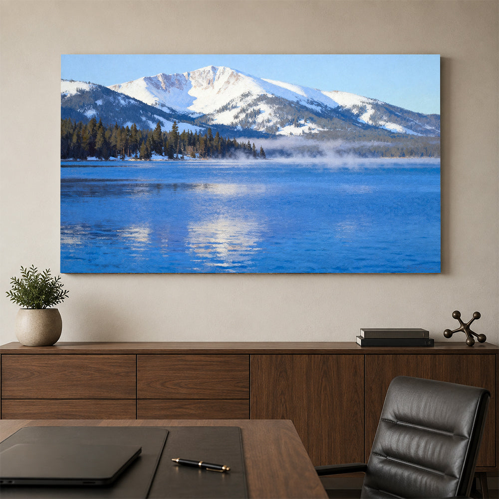 Morning Haze on Blue Water canvas wall art, office mockup.