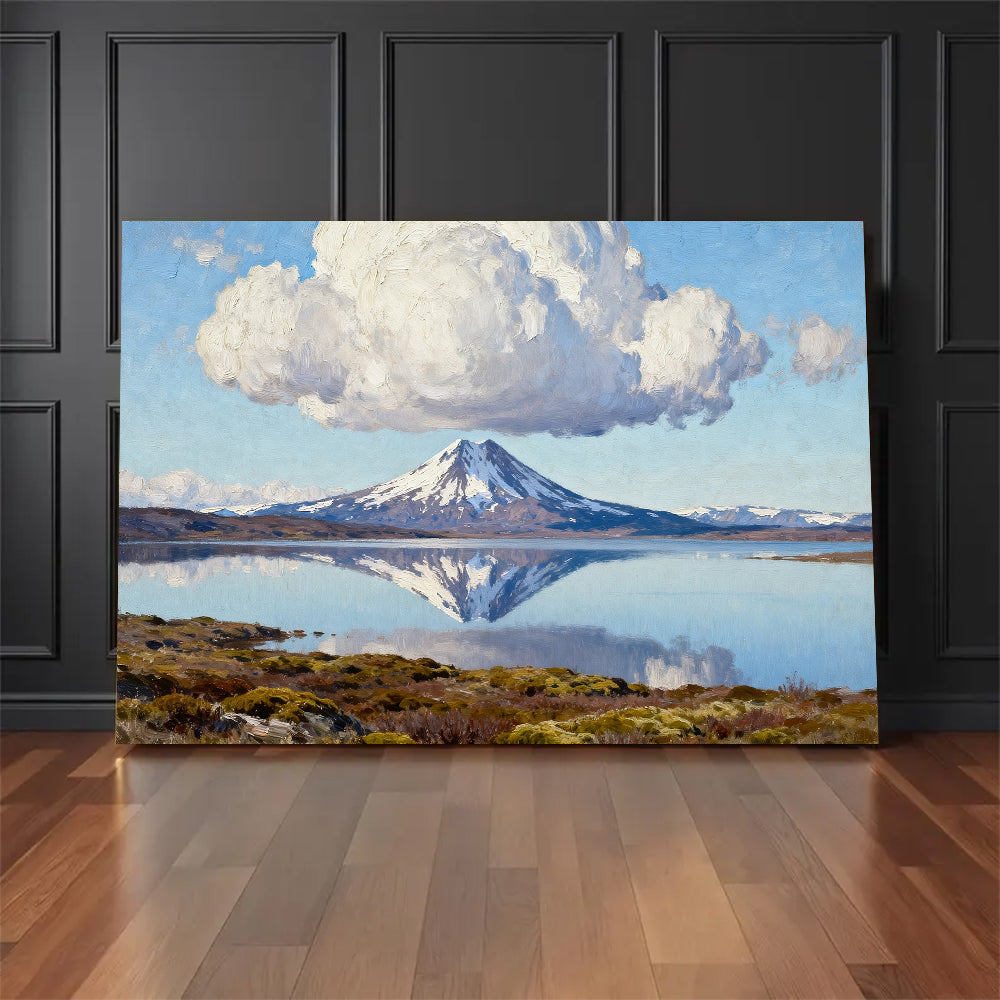 Still Water beneath Billowing Clouds canvas wall art, floor display mockup.