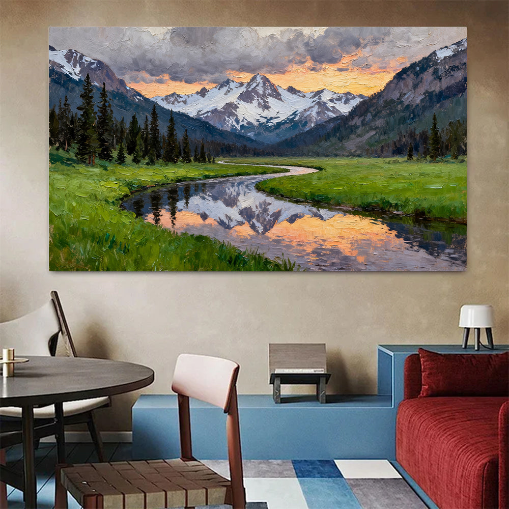 Winding Alpine Stream canvas wall art, living dining room mockup.