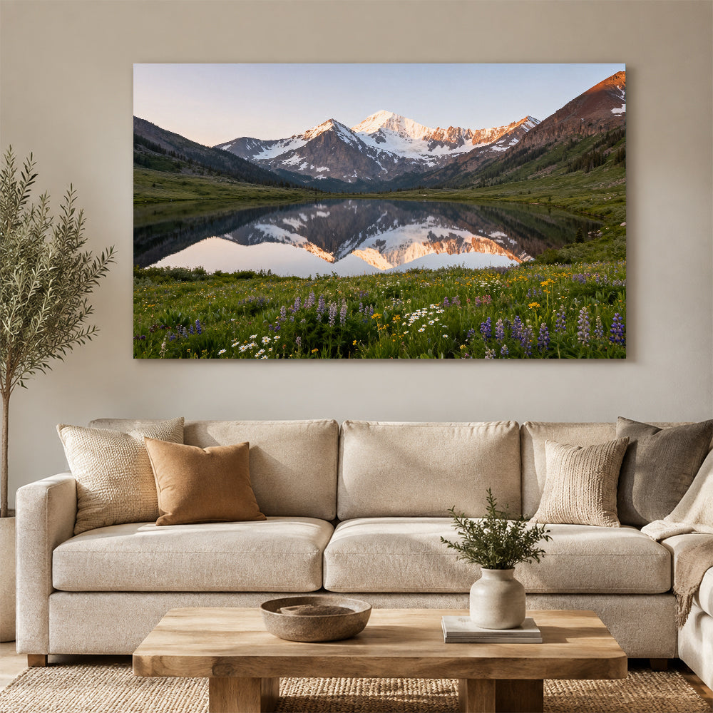 Wildflower Lake at Daybreak canvas wall art, living room mockup.