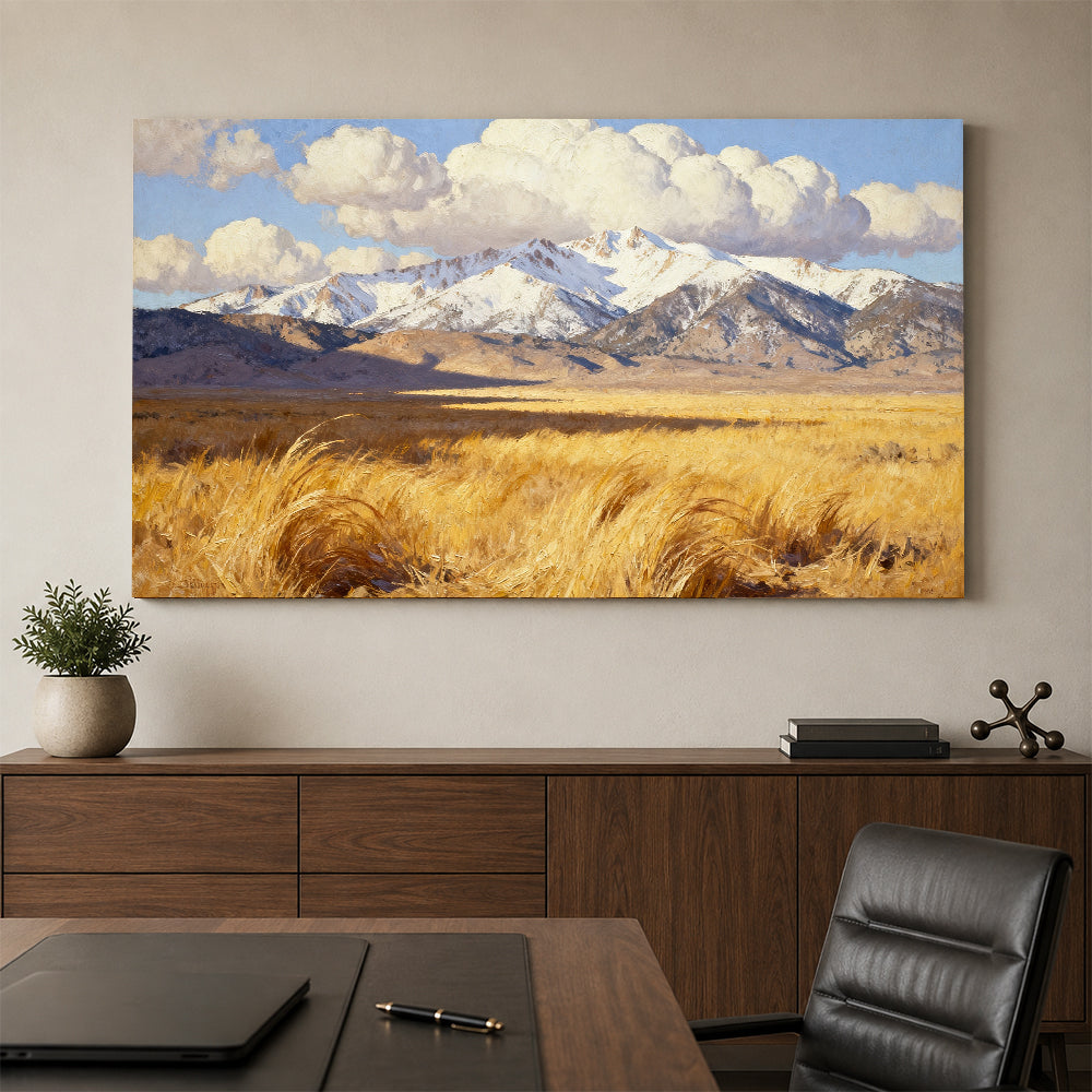 Golden Grass below Snowy Peaks canvas wall art, office mockup.