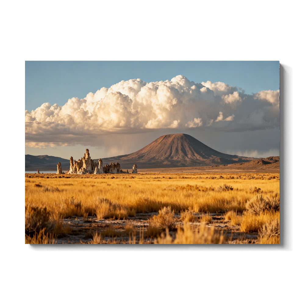 Prairie Butte beneath Clouds canvas wall art, front view on a white background.