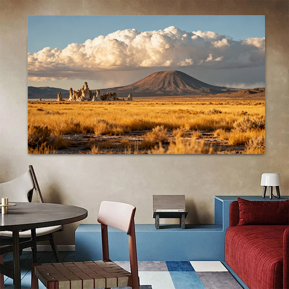Prairie Butte beneath Clouds canvas wall art, living dining room mockup.